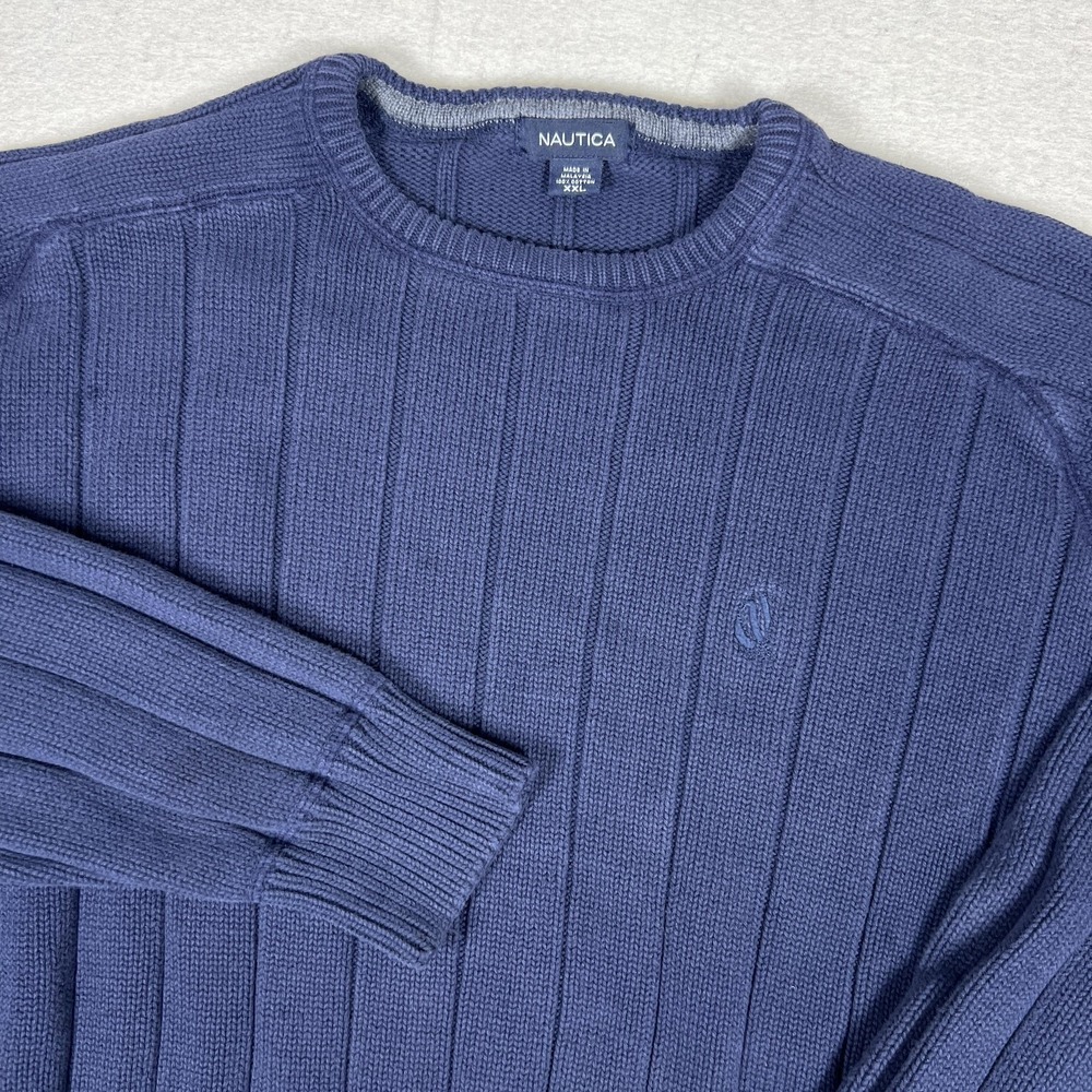 Y2K Nautica Sweater Mens 2XL Blue 100%‎ Cotton Ribbed Crewneck Knit Pullover